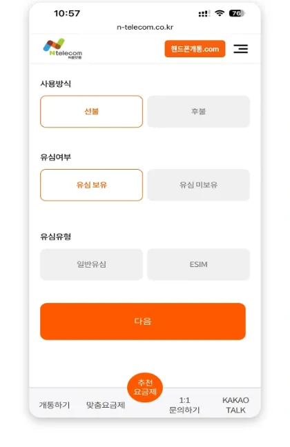 앤텔레콤 N플랫폼 셀프개통 선불 · 유심 보유 화면 — 유심 유형은 일반유심(eSIM은 ESIM)